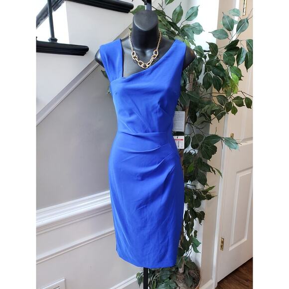 Laundry by Shelli Segal Midi Dress Womens Size 6 Blue Asymmetric Neck Sleeveless - Picture 2 of 14